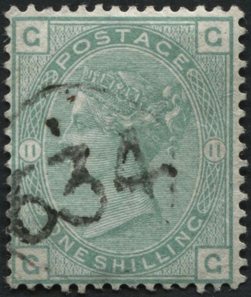 SG150 1/- Green plate 11, v fine Telegraph 634 in circle