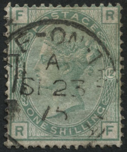 SG150 1/- Green plate 12, fine 1875 ring cancel