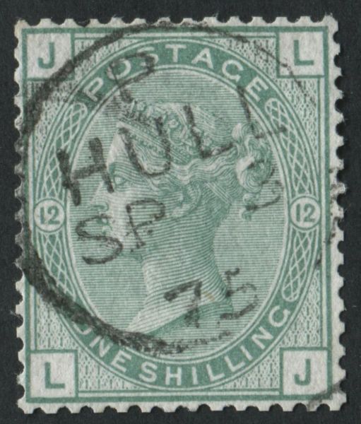 SG150 1/- Green plate 12 LJ single Hull socked on the nose cds 1895