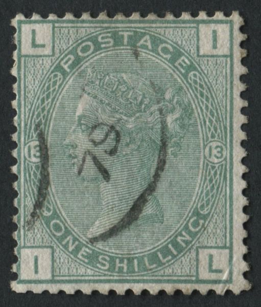 SG150 1/- Green plate 13 IL very fine ring cancel 1879