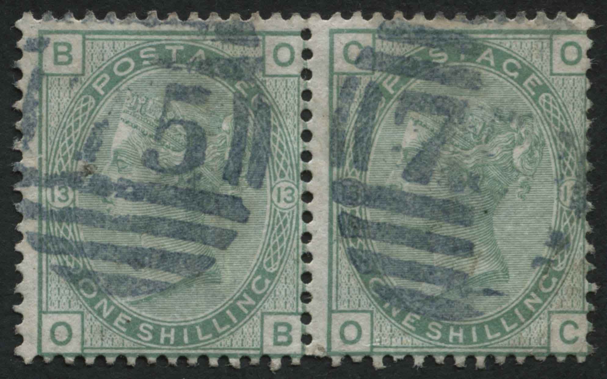 SG150 OB-OC 1/- Green horizontal pair, each with bright Blue of Birmingham cancel