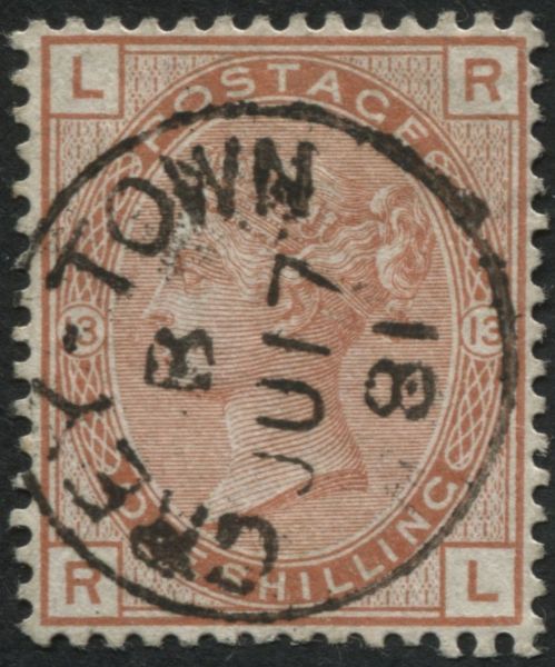 SG151 1/- Orange-Brown plate 13, a VF/U example lettered RL cancelled by crisp GREYTOWN