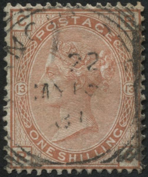 SG151 1/- Orange-Brown rich colour, plate 13 v light cancel