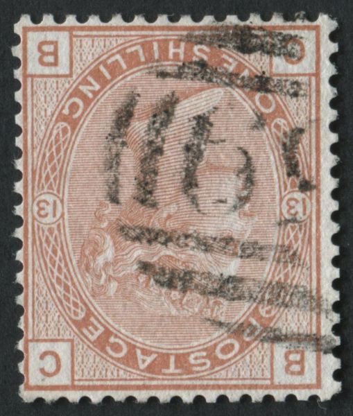 SG151wi 1/- Orange Brown plate 13 watermark inverted, fine used and rare