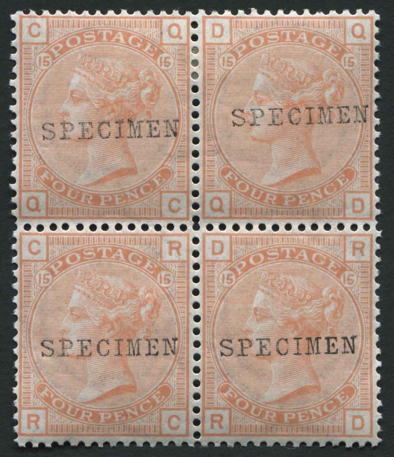 SG152a 4d Vermilion Pl15, QC/RD, block, SPECIMEN, mounted upper pair