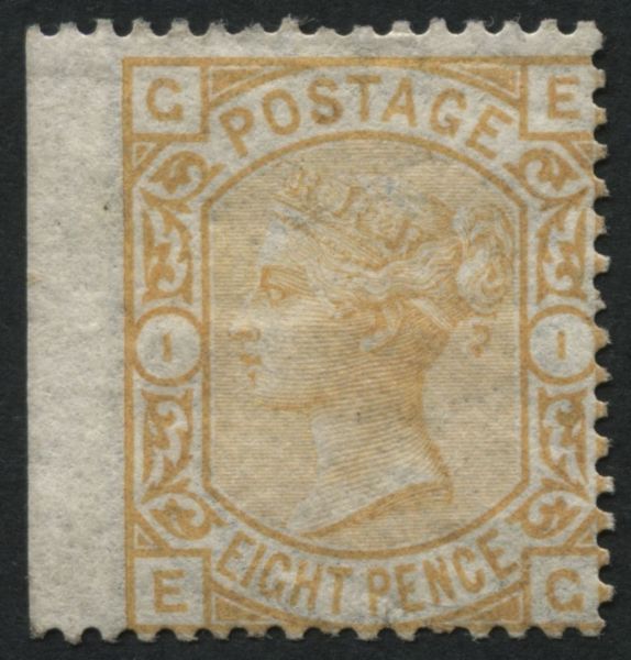 SG156 1873-80 8d Orange EG left wing marginal, trimmed at left mounted mint.