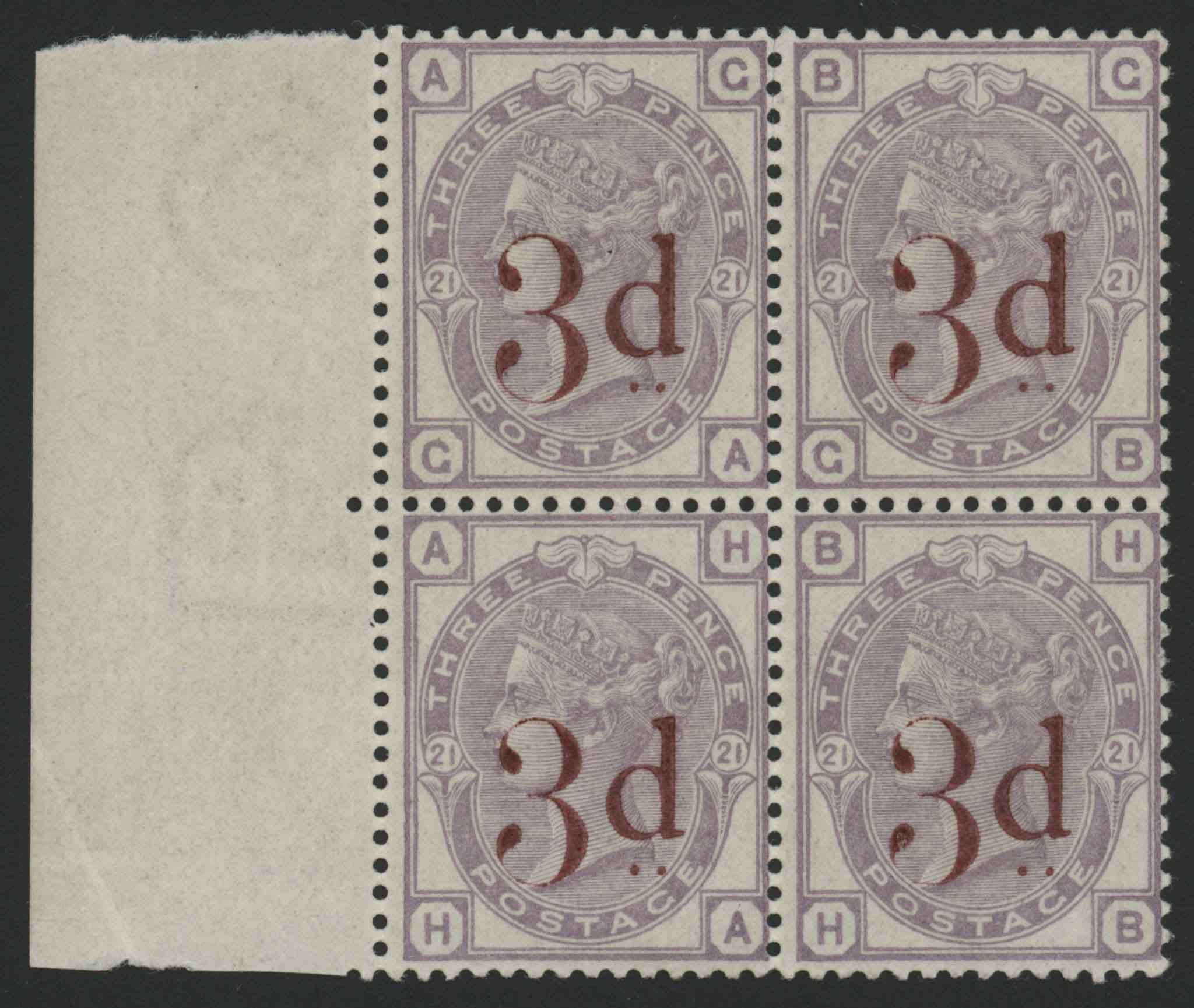 SG159 1880-83 3d on 3d Lilac, left marginal block of 4, GA/HB, fine and fresh U/M.