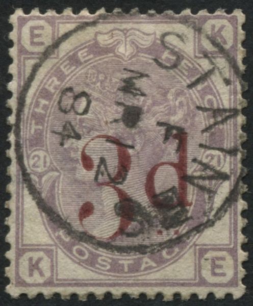 SG159 1883 3d/3d Lilac VF/U, superb Staines 1884 cds on fresh well centred copy