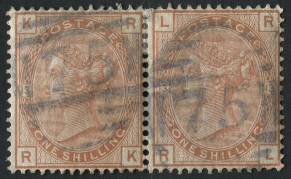 SG163 1/- orange brown plate 13 pair with blue Birmingham cancels