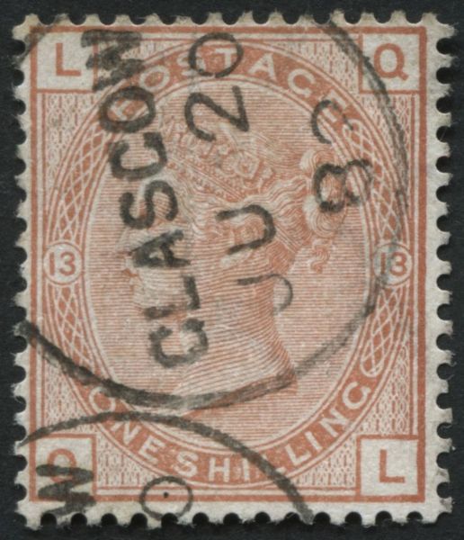 SG163 1/- Orange plate 13, superb GLASGOW cds