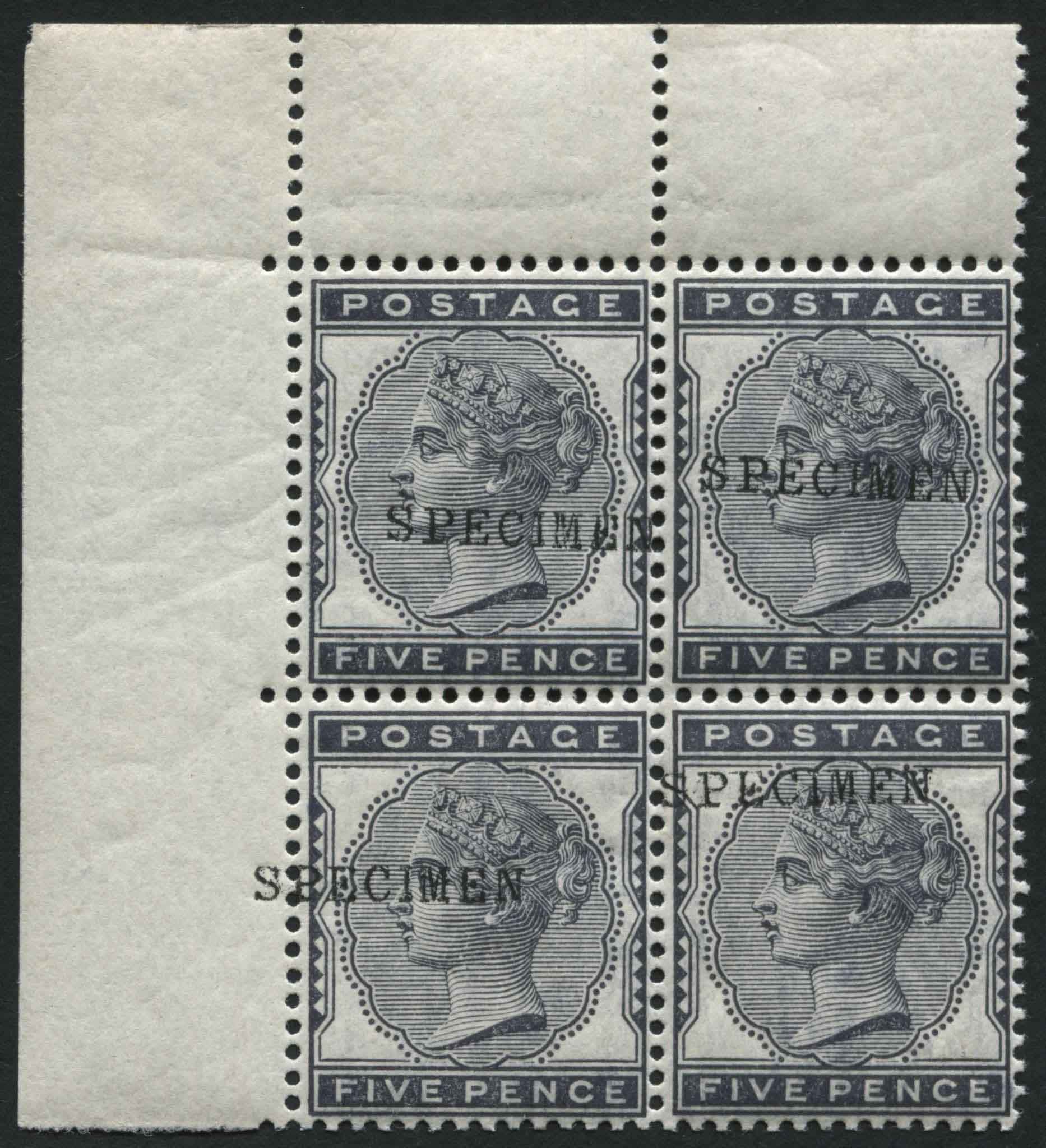 SG169s 1880-81 5d Indigo upper left corner block of 4, opt SPECIMEN stamps U/M