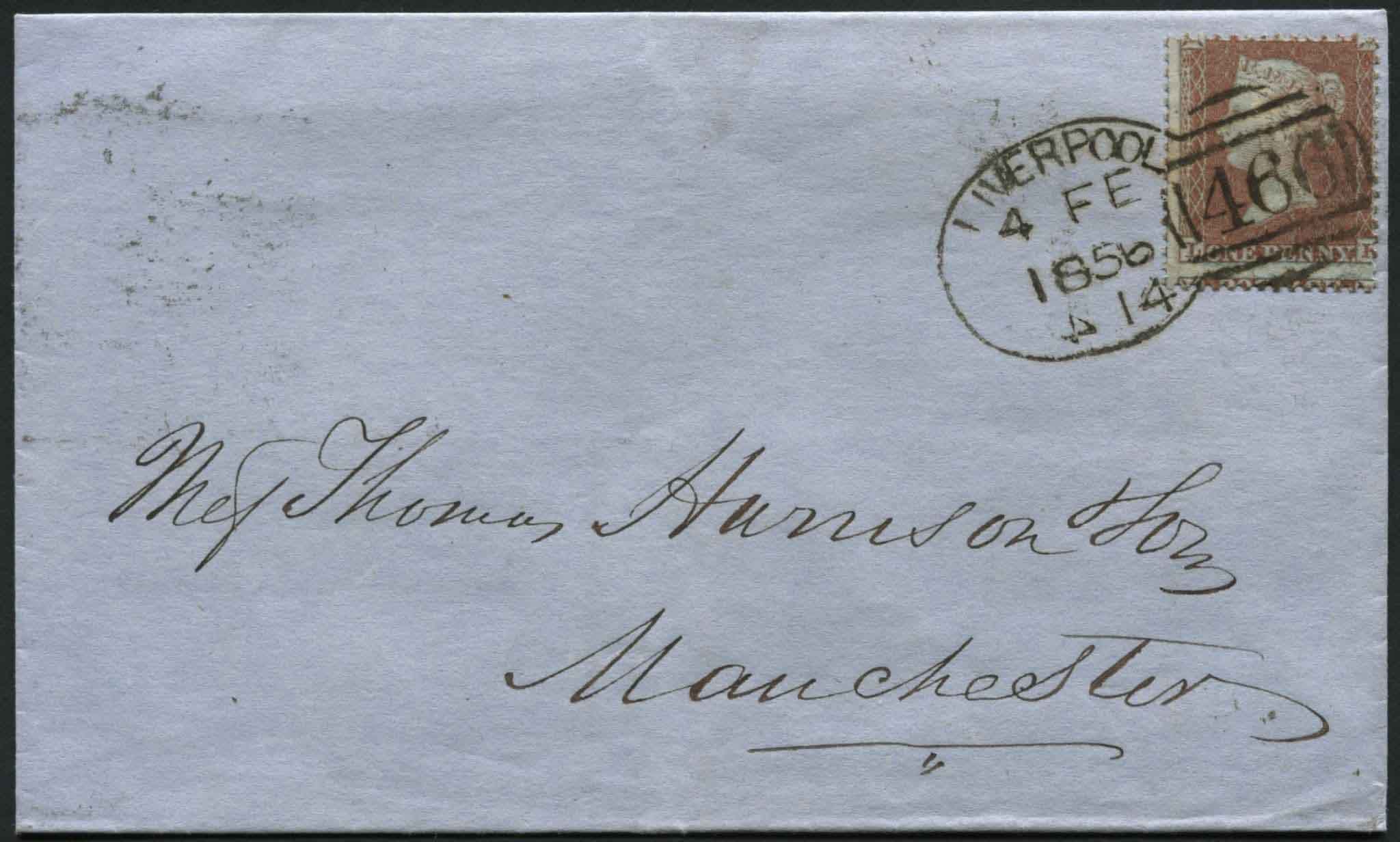 SG17 1d Red-Brown tied to envelope with Liverpool 1856