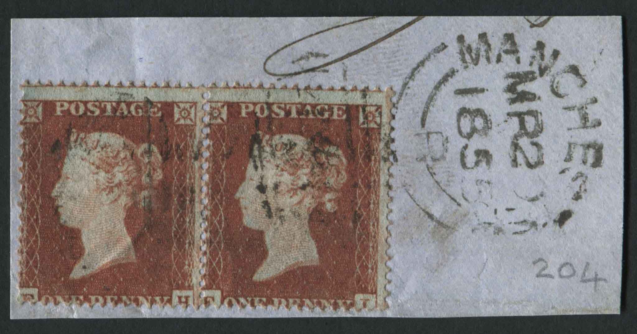 SG17 SpecC1 1854 1d Red-Brown plate 204 FH-FI horizontal pair, tied to small piece by oval numeral