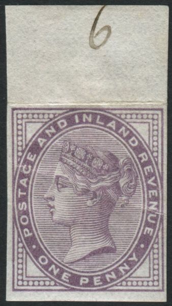 SG170var 1881 1d lilac, 14 dots, imperf imprimatur with manuscript Pl 6 in margin, light gum bend