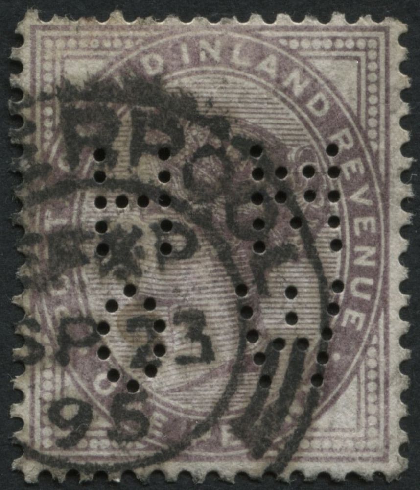 SG172 1d Lilac with perforator HM/OW Office of Works used from Liverpool Sept 1895 - very scarce