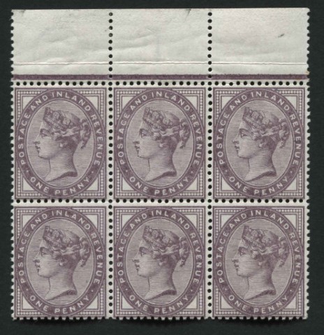 SG172wi 1881 1d Lilac upper marginal block (3x2) with marginal guide mark Wmk Inv, U/M