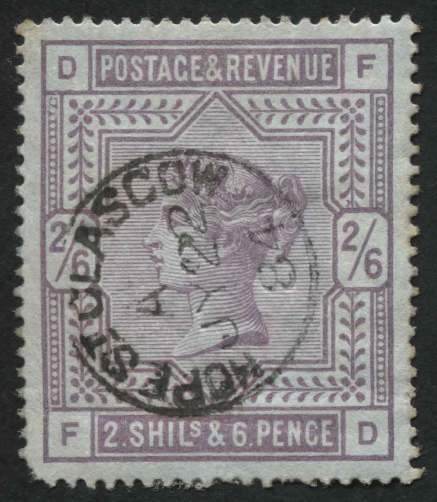 SG175 2s6d on blued paper with superb early date, Hope Street, Glasgow 1184, a rare stamp