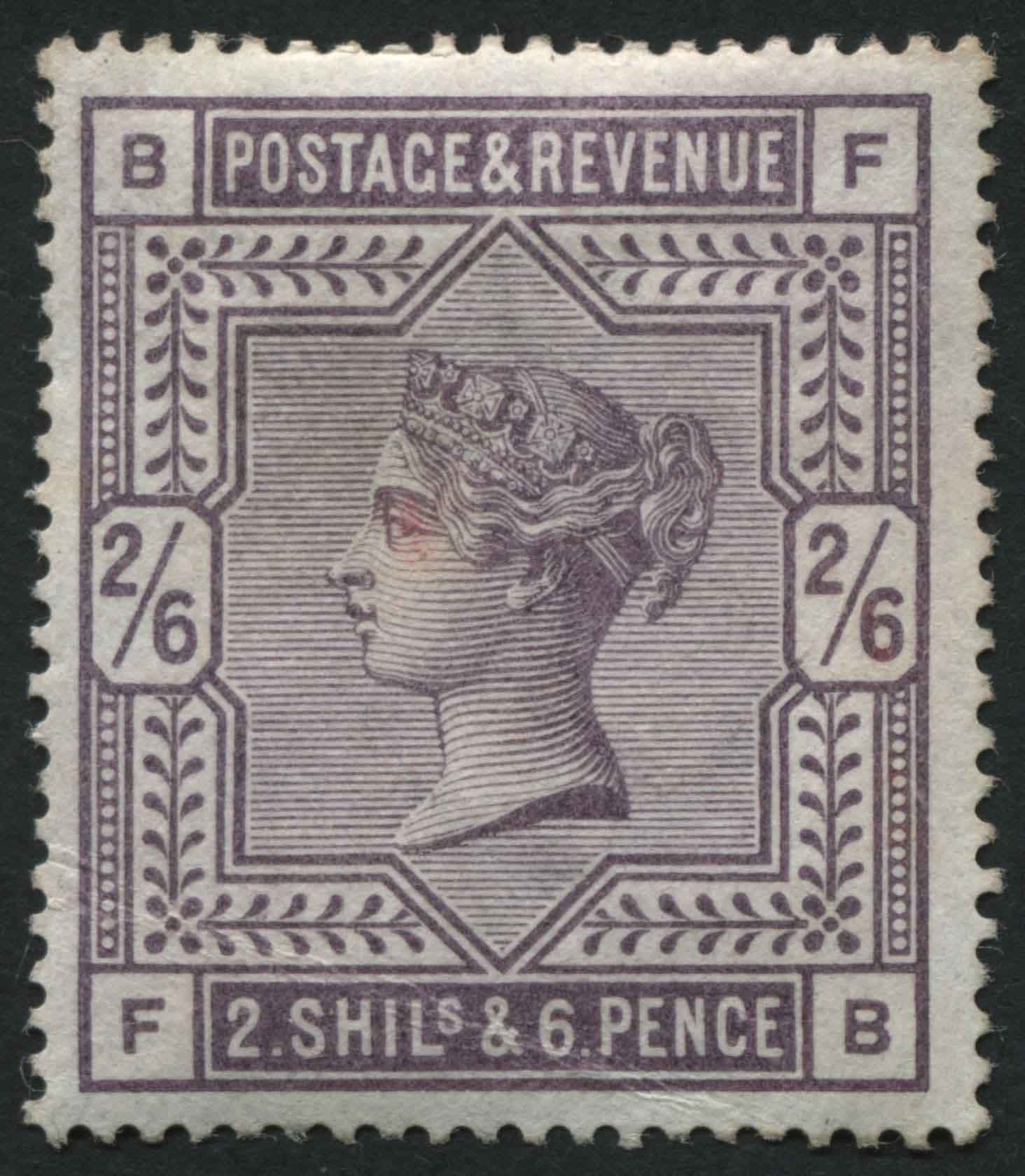 SG179 1883-84 2s6d deep Lilac FB, Red mark on Queens face, part original gum, mounted mint