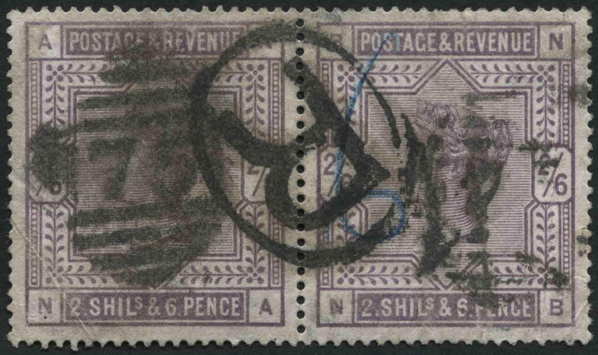 SG179 2/6d deep Lilac horizontal pair NA-NB, with slightly smudgy Birmingham R in circle