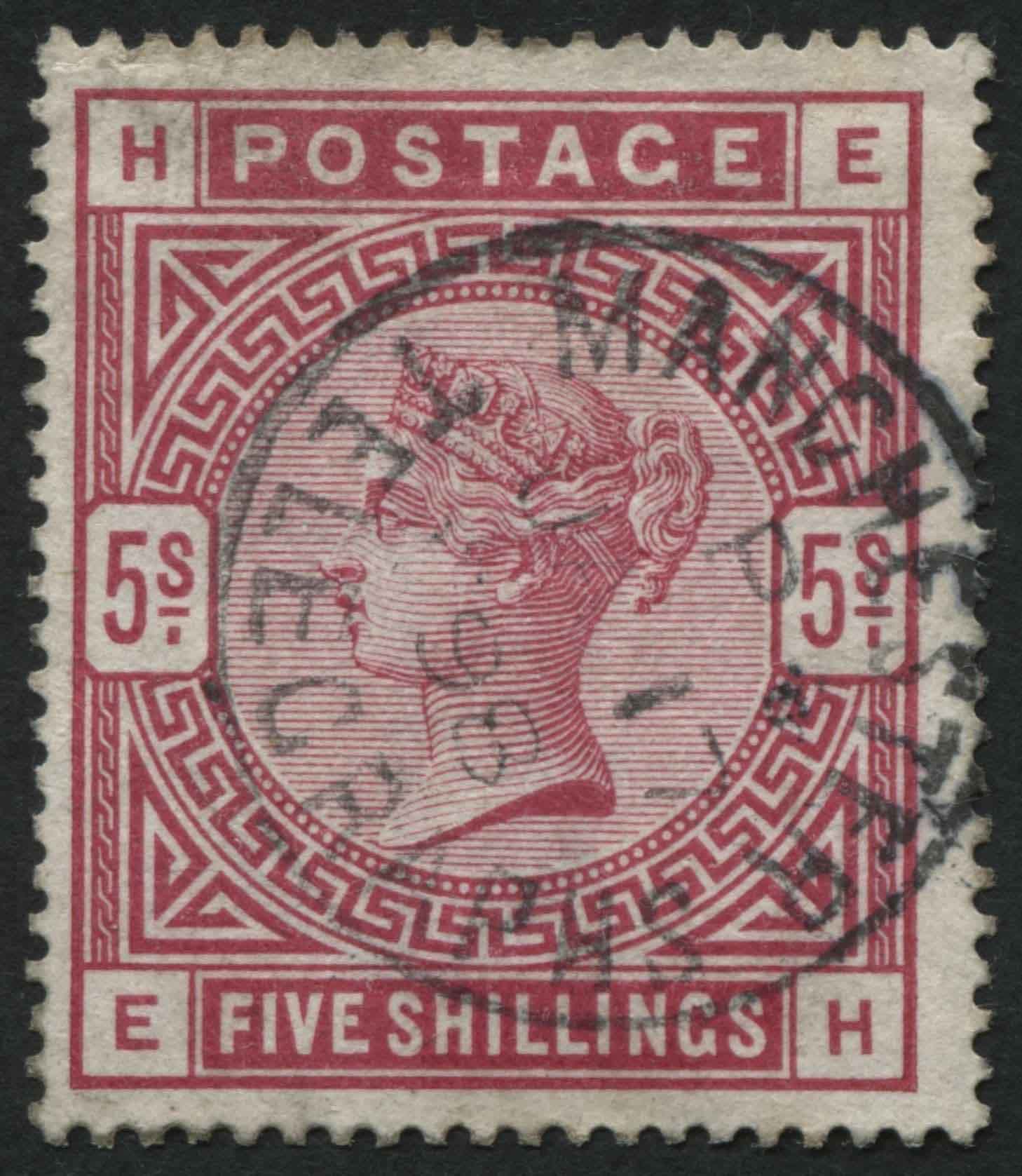 SG180 1883-84 5s Rose EH, central MANCHESTER TELEGRAPHS cds