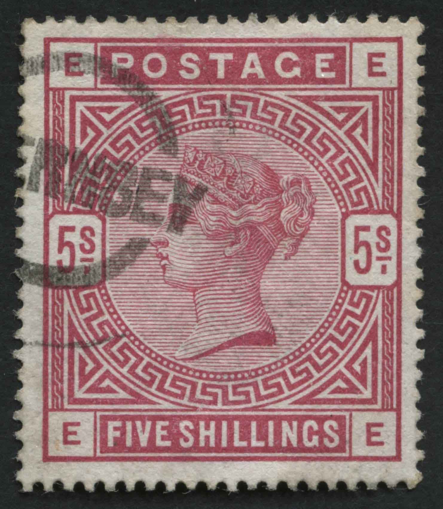 SG180 5/- Rose, v fine Guernsey cds top left corner