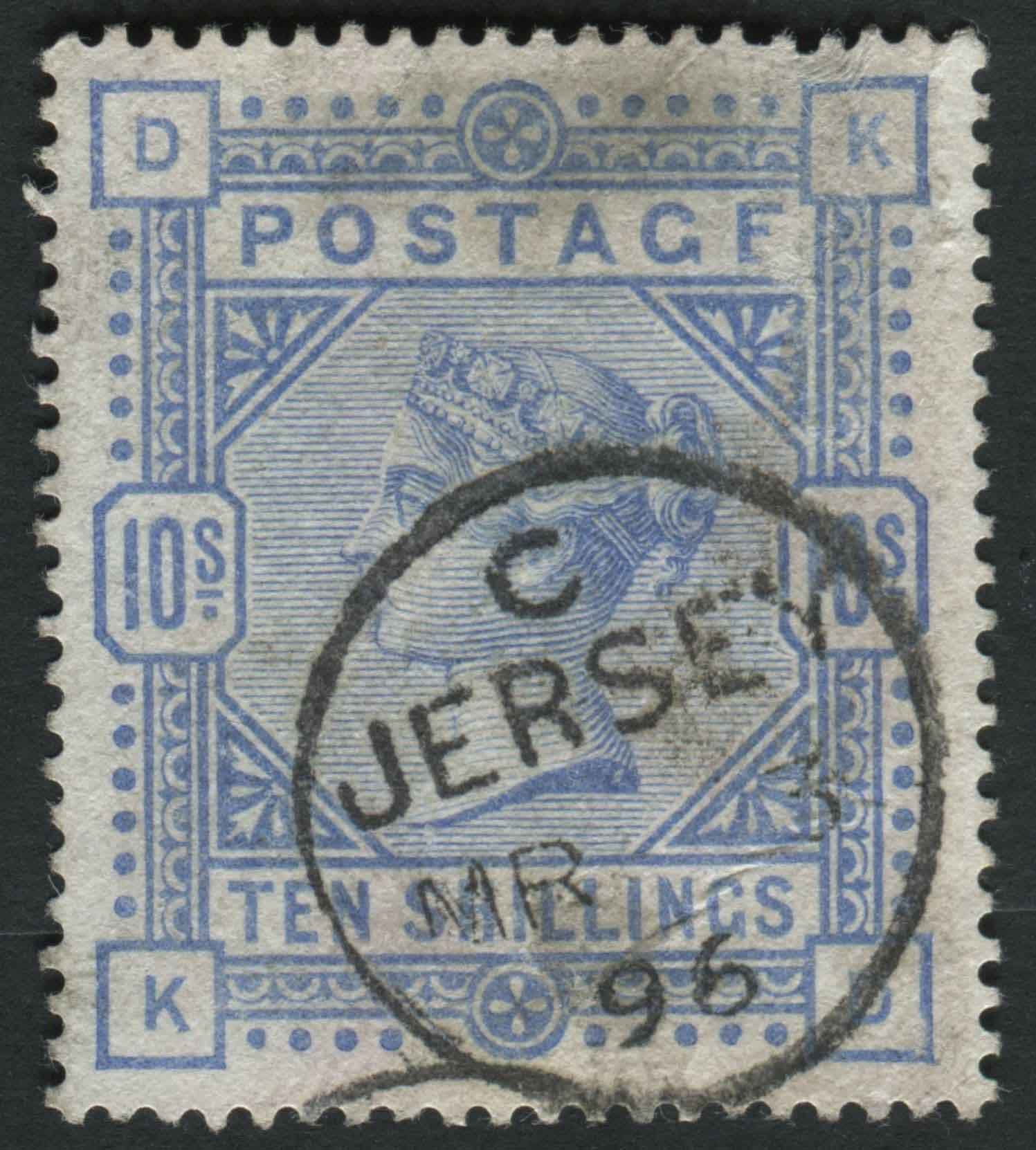 SG183 10/- Ultramarine 1896 Jersey cds