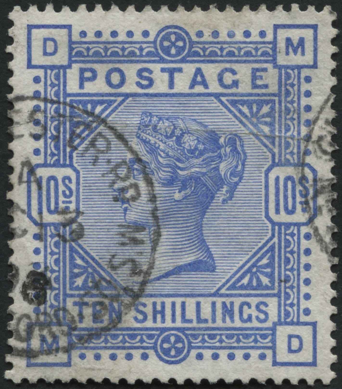 SG183 10/- Ultramarine good bright colour, fine London SW cds