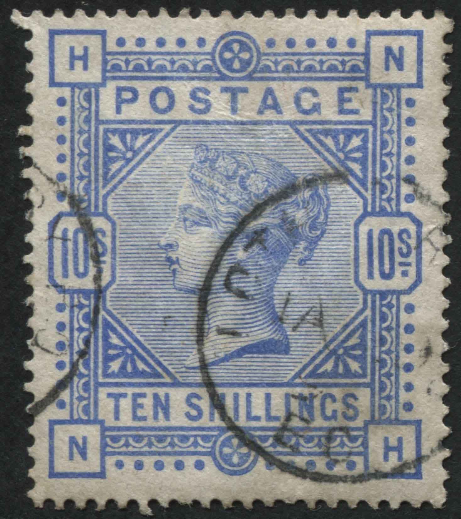 SG183 10/- Ultramarine NH full perfs, v fine light circular cancel