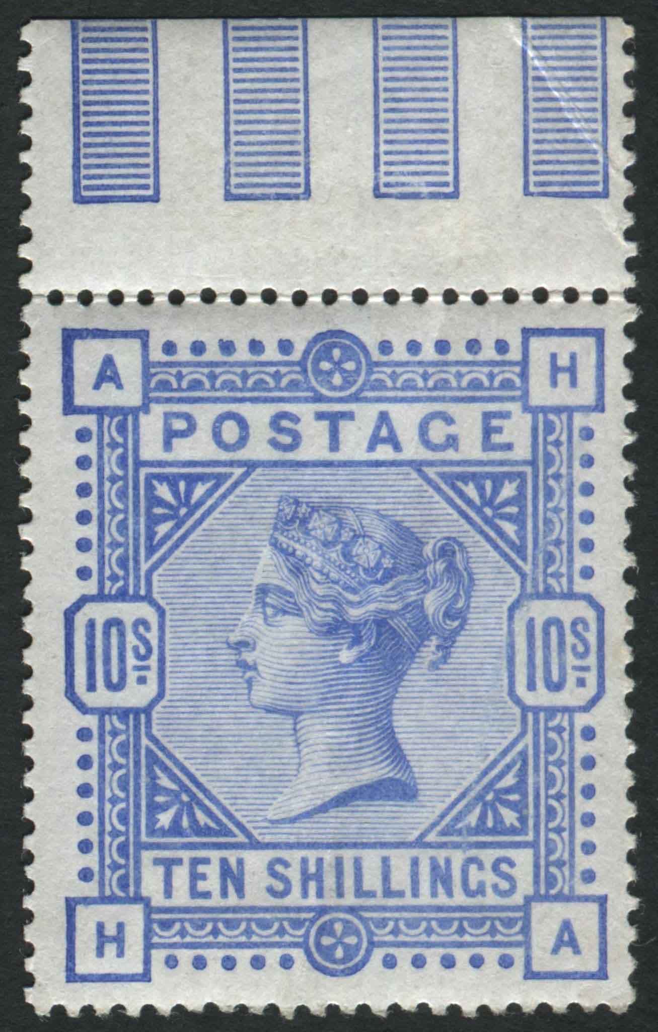 SG183 1883-84 10s Ultramarine HA upper marginal with pillars, U/M