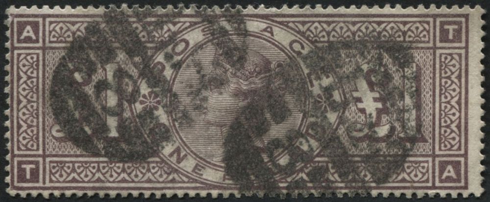 SG185a 1 Brown Lilac TA variety, broken frame, used with barred oval cancels, SG Cat 5000