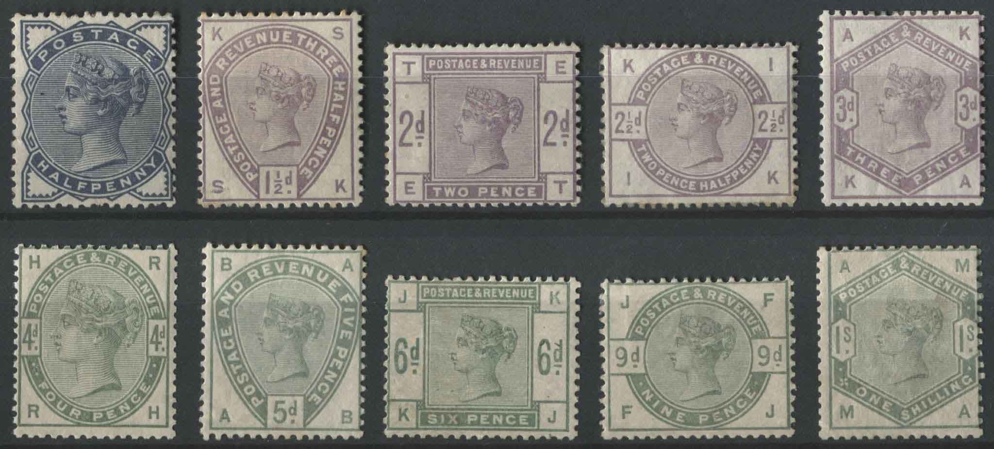 SG187-196 d - 1/- Lilac and Green mint set of 10, part to large original gum fresh colour