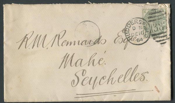 SG192 4d Dull-Green tied to envelope, Huddersfield to Seychelles, Superb colour