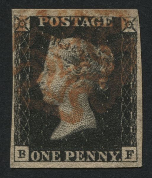 SG2 1840 1d Black BF plate 4, 4 margins, Red Maltese cross