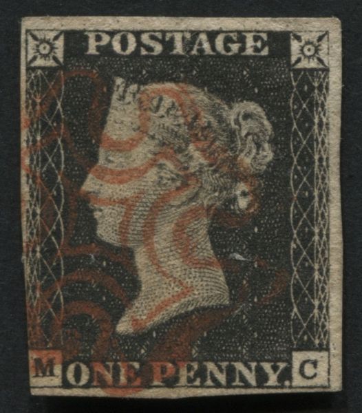 SG2 1840 1d Black MC, 3-4 margins Red Maltese cross