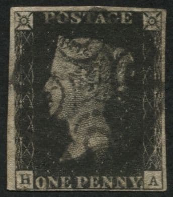 SG2 1840 1d Black plate 10 HA, 4 margins Black Maltese cross