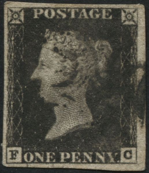 SG2 1840 1d Black plate 5 FC, 4 good to large margins and Black Maltese cross