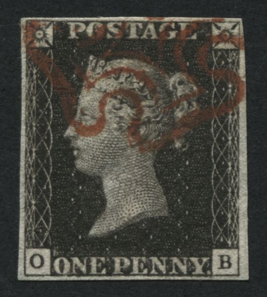 SG2 1840 1d Black plate 8 OB, 4 margins Red Maltese cross