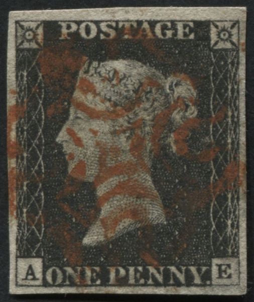 SG2 1d Black AE, fine 4 margins with Red Maltese cross