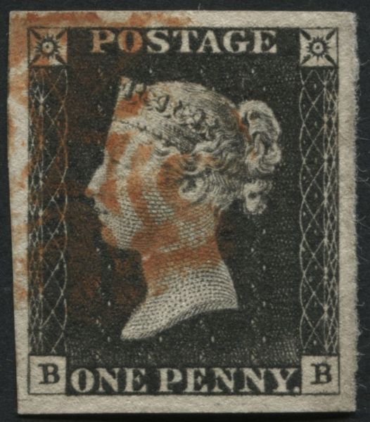 SG2 1d Black BB plate 3 with 4 large margins, Red Maltese cross - perfect!