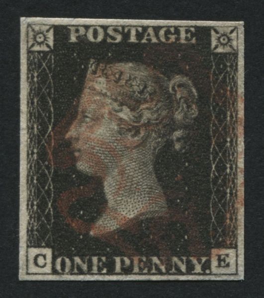 SG2 1d Black CE plate 6 F/U, 4 good evenly cut margins and light Red cancel