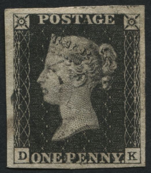 SG2 1d Black DK plate 5, has 4 v large margins, just a touch of Black Maltese cross - handsome