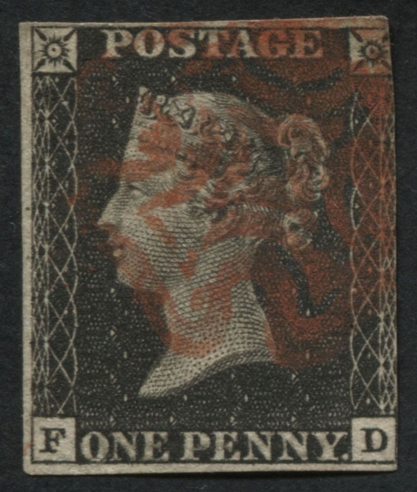 SG2 1d Black FD plate 7, 3-4 margins with fine Red Maltese cross