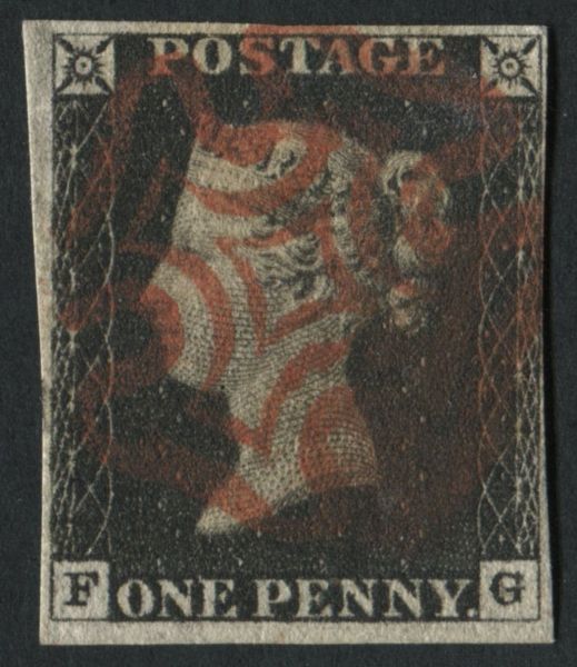 SG2 1d Black FG fine used with 4 clear margins, bright Red MX