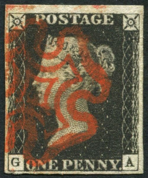 SG2 1d Black GA plate 8, has bright Orange-Red Maltese cross