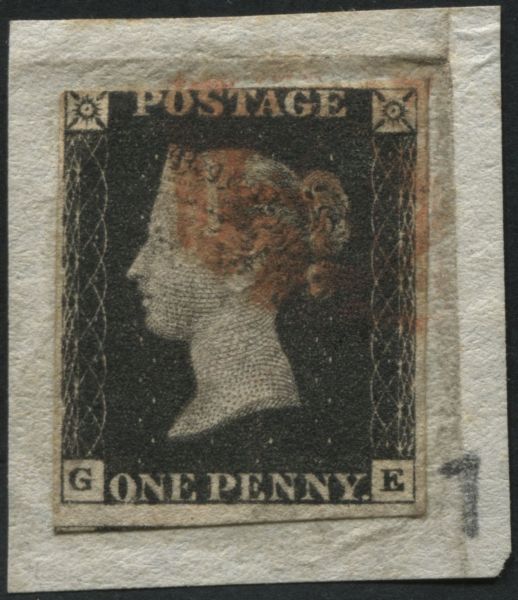 SG2 1d Black GE 3-4 margins, tired to piece with clear Red Maltese cross