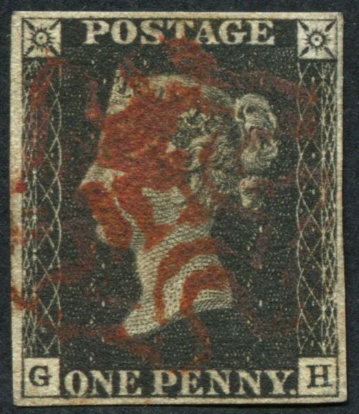 SG2 1d Black GH plate 8, 4 margins Red-Brown cancel