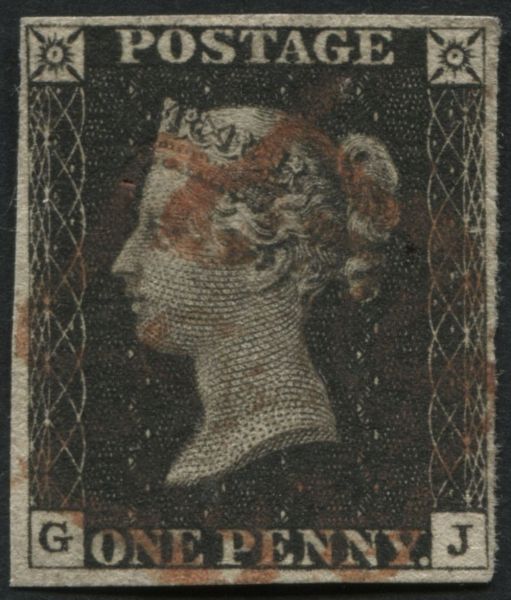 SG2 1d Black GJ, fine 4 good even margins, Red Maltese cross