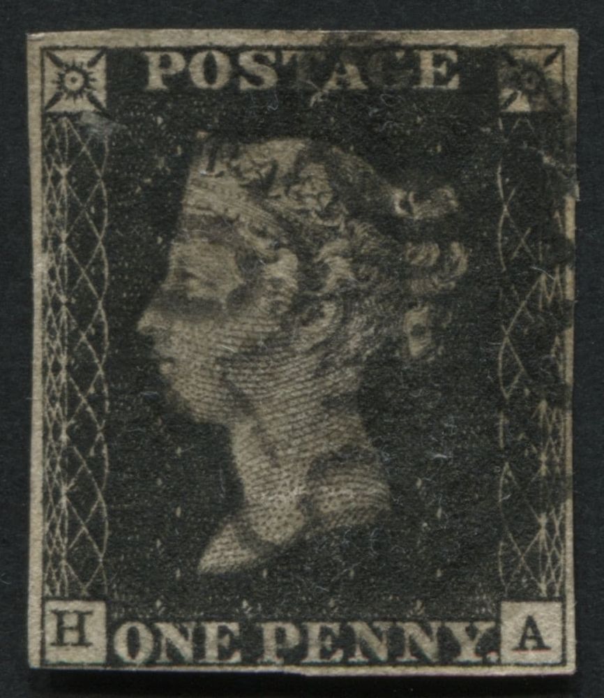 SG2 1d Black HA plate 7 with 4 margins, crisp Black Maltese cross