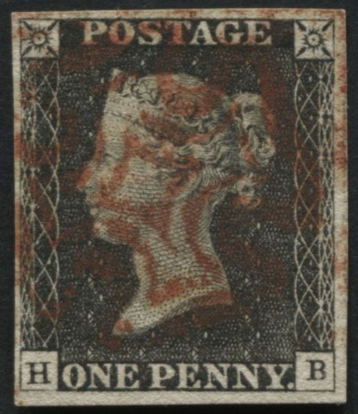 SG2 1d Black HB 4 margins, fine Red Maltese cross