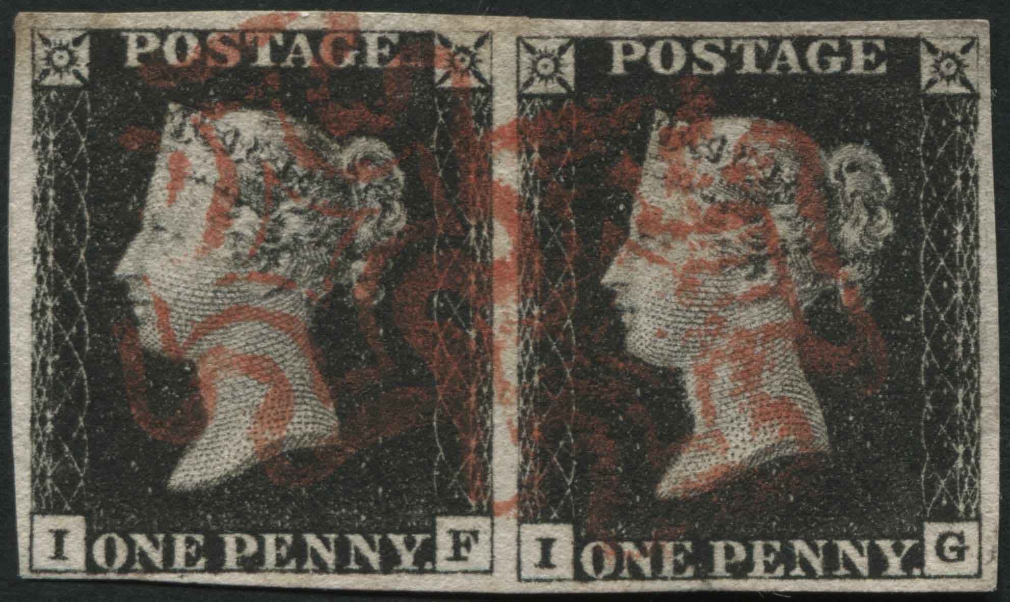 SG2 1d Black IF-IG horizontal pair Pl.4, with 4 margins on each and Red MX